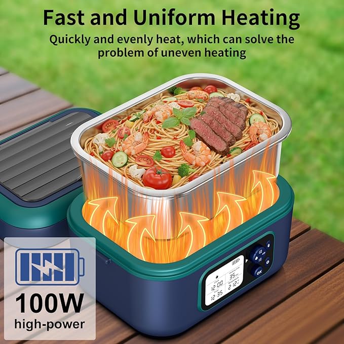 EDCREATY Cordless Electric Heated Lunch Box, 1.5L 6.3Cups 24000mAh Rechargeable Battery Self-Heating Lunch Box, Smart Timer, Even Heating, 100W Portable Food Warmer for Office, Picnic, Car, Outdoor