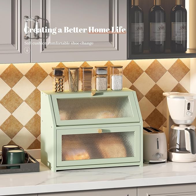 Bread Box for Kitchen Countertop Bin Double Layer Bread Box Storage Container Extra Large Capacity Farmhouse with Diamond Pattern Windows (Green, Large)