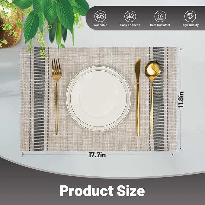 flohar Placemats Set of 12竊똍on-Slip PVC Weave Table Mats Easy to Clean竊똇eat Resistant Place Mats for Kitchen Dining Table Decoration Indoor Outdoor竊똊haki Gray