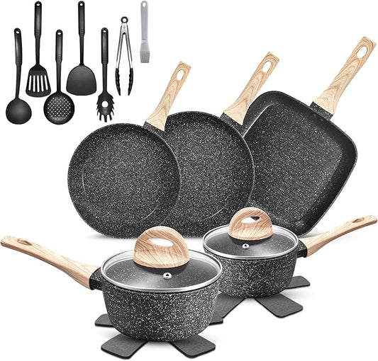 VOTTGO 19 Pcs Pots and Pans Set Non Stick, Black Granite Induction Cookware Set, Non Toxic Healthy RV Kitchen Cooking Set with Silicone Tools and Pot Protectors, PFOA PFOS PFAS Free