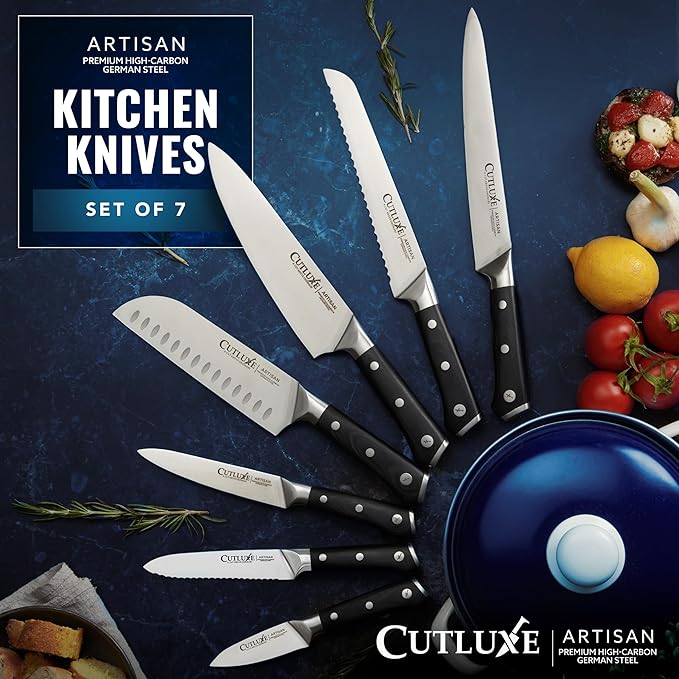 Cutluxe Chef Knife Set, 7 PCS Professional Chef's Knife Set ??Razor Sharp German Steel, Full Tang, Ergonomic Handles ??Artisan Series
