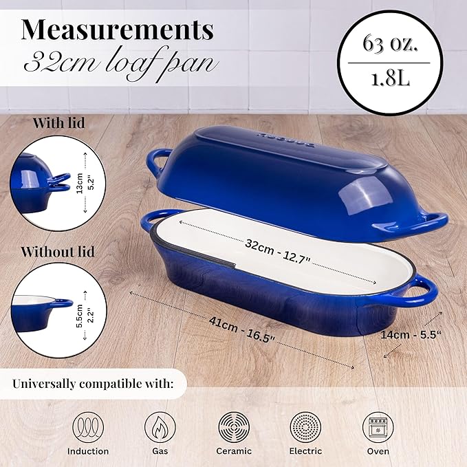 Enamelled Cast Iron Bread Loaf Pot ??Dutch Oven For Sourdough Bread Baking ??Oven Safe Non Stick Bread Pot ??Rectangular, Dark Blue, 34cm x 16cm ??by Nuovva