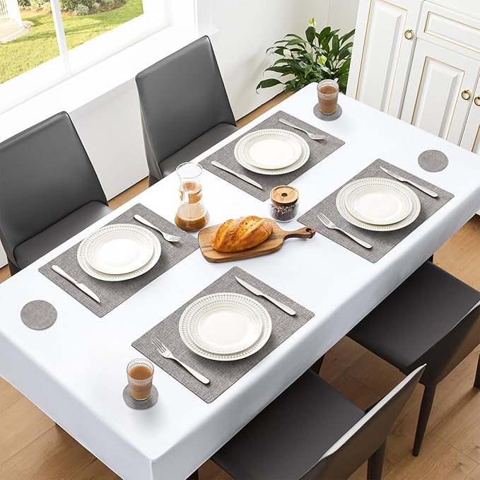 MOSAYT Placemats Set of 4, Heat Resistant Vinyl Place Mats with Coasters, 100% Waterproof Wipeable Washable Faux Leather Table Mats for Kitchen Dining Party Outdoor, 12" x 17", Light Grey