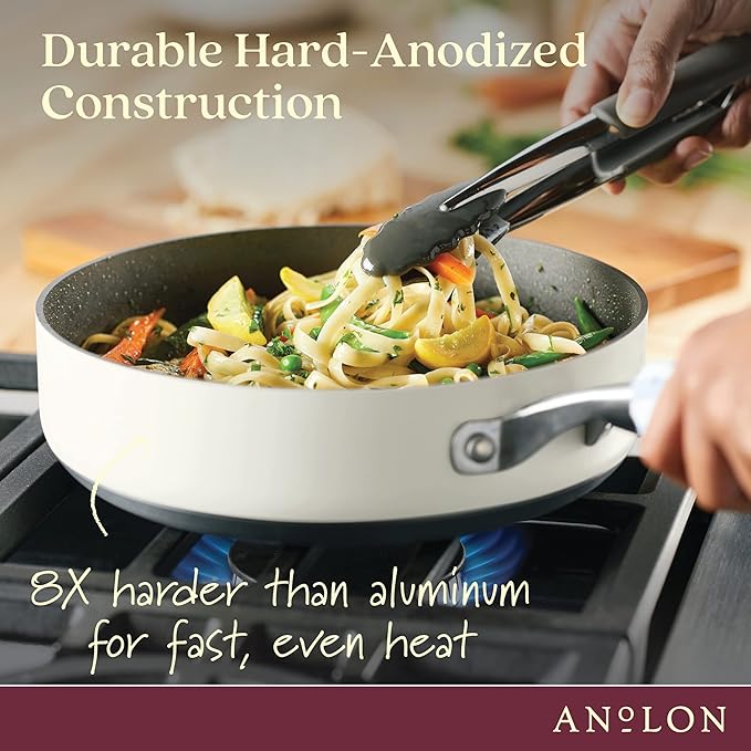 Anolon Achieve Hard Anodized Nonstick Saut챕 Pan with Lid, 3 Quart - Cream