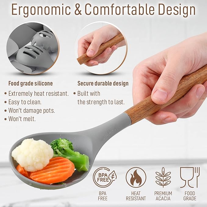 Zulay Kitchen Utensils Set Non-Stick Silicone Cooking Utensils Set with Authentic Acacia Wood Handles - 8 Piece Set - Silicone Kitchen Utensils Set with 464째F Heat Resistance - Gray