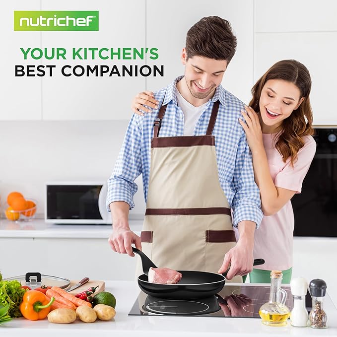 NutriChef 17pcs Black Stackable Pots and Pans Set, Nonstick Induction Cookware, Space Saving Cookware, Easy Clean, Ideal For RV and Camper, Includes a Foldable Steamer Basket and Cooking Utensils
