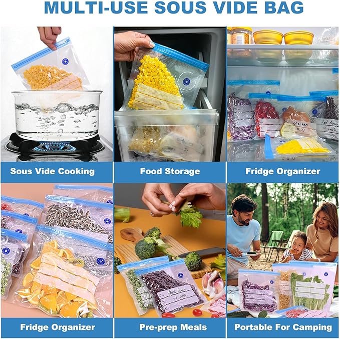24 PCS 10"X13.5" Sous Vide Bags Vacuum Zipper Sealer Bag for Food, Reusable Vacuum Food Sealer Bags with Sealing Clips for Sous Vide Cooking,Freezer Safe,Microwave Heating and Food Storage
