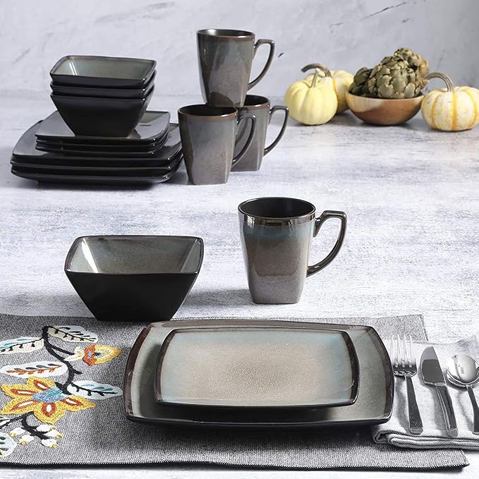 Gibson 101859.16RM Elite Tequesta 16 Piece Square Glazed Durable Dinnerware Set with Plates, Bowls, & Mugs, Microwave/Dishwasher Ready, Taupe (3 Pack)