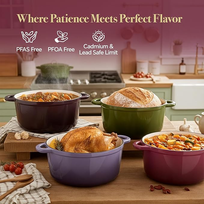 Vintage Style 6 Quart Dutch Oven Pot with Lid, Non Stick Enameled Cast Iron Dutch Oven for Bread Baking, Heavy-Duty, Oven Safe Ceramic Cookware Up to 500째F for Baking, Braising, Stews, Roasting, Rose