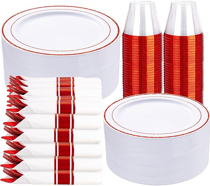 WELLIFE 350 Pcs Red Plastic Plates for 50 Guests - Plastic Dinnerware Set,Party Supplies Includes 100 Red Plates,150 Silverware,50 Napkins,50 Cups