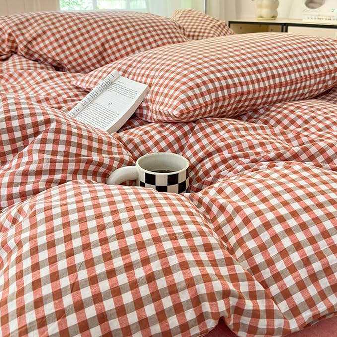 LifeTB Queen Comforter Set Modern Style Red Orange Gingham Comforter Lightweight Plaid Checkered Pattern Comforter Soft Fluffy Gingham Bedding Set Farmhouse Grid Plaid Comforter Set Queen