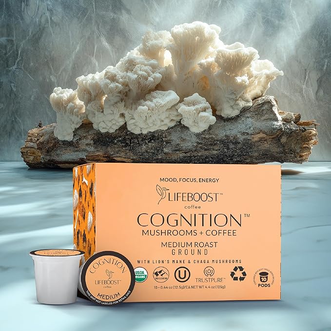 Lifeboost Cognition Mushroom Coffee Pods ??Organic Low Acid K-Cups with Lion?셲 Mane & Chaga Adaptogens ??Nootropic Coffee for Energy, Focus & Immune Support ??10 Count