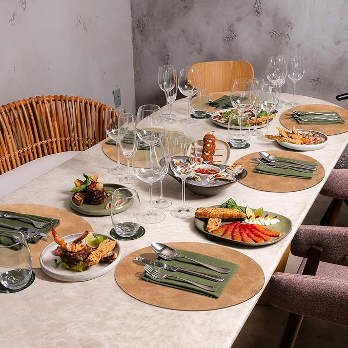 ADRIMER Placemats, Heat Resistant Round Placemats Set of 4 Washable, Waterproof Table Mats, Wipeable Faux Leather Place Mats for Kitchen, Dining Room, Camel