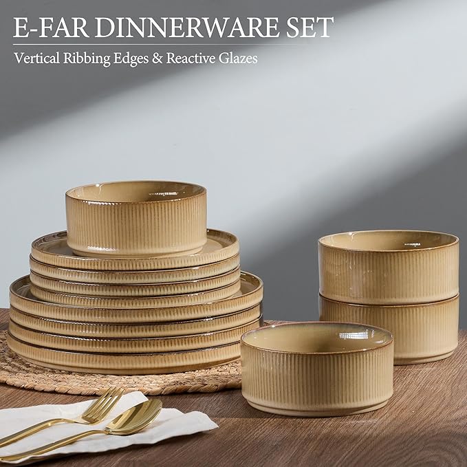 E-far 24-Piece Stoneware Dinnerware Sets, Plates and Bowls Sets for 8, Kitchen Modern Dinning Porcelain Dishes Set, Chip & Scratch Resistant, Dishwasher & Microwave Safe, Caramel Khaki