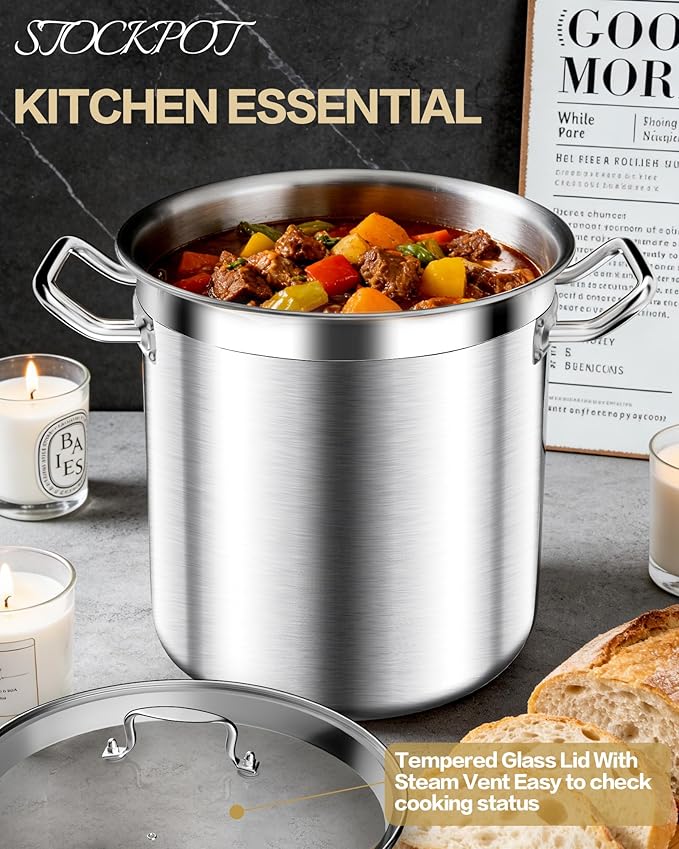 Stainless Steel Stock Pot with Lid ??24 Quart (6 Gallon) Heavy-Duty Cooking Pot for Soup, Stew, Pasta ??Commercial & Home Use, Easy to Clean
