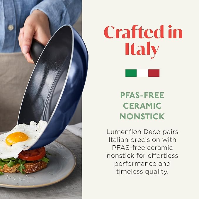 Deco 9.5??Nonstick Frying Pan Skillet, Made in Italy, Diamond Ceramic PFAS-Free, Dishwasher & Metal Utensil Safe, Durable Gloss Enamel Finish, Stay-Cool Handle, High Walls-Extra Room, Blue