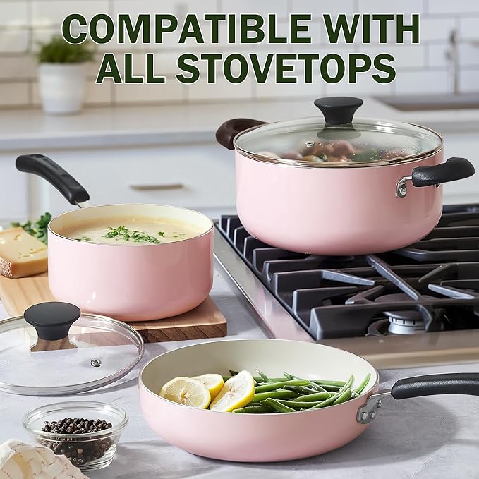 Cook N Home Pots and Pans Set Nonstick, 10-Piece Ceramic Kitchen Cookware Sets, Nonstick Cooking Set with Saucepans, Frying Pans, Dutch Oven Pot with Lids, Pink