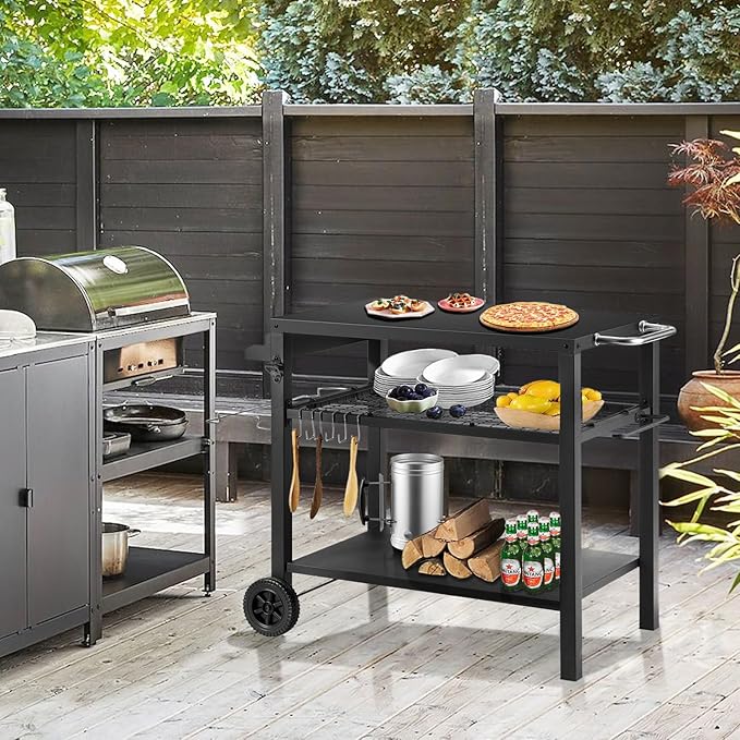 Kendane Grill Cart Table with Three Shelf, Movable Outdoor Dining Cart Pizza Oven Stand with Three Hooks, Kitchen Cart Island Multifunction Food Prep Table (Black)
