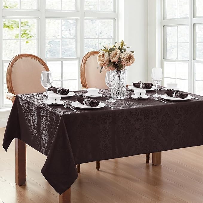 Elrene Home Fashions Caiden Elegance Damask Waterproof, Stain & Wrinkle Resistant Fabric Tablecloth, 60" x 120" Oblong/Rectangle, Black