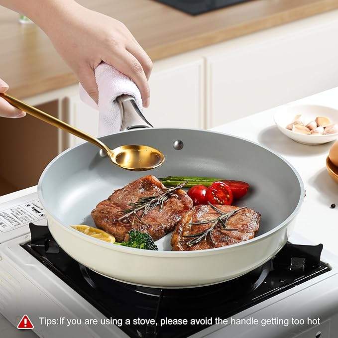 Non Stick Frying Pans Set, Ceramic Skillet, Non Toxic Omelette Egg Pans for Cooking, 8" 9.5" 11" PFAS & PTFE & PFOA Free with Stainless Steel Handle, Dishwasher & Oven Safe, White