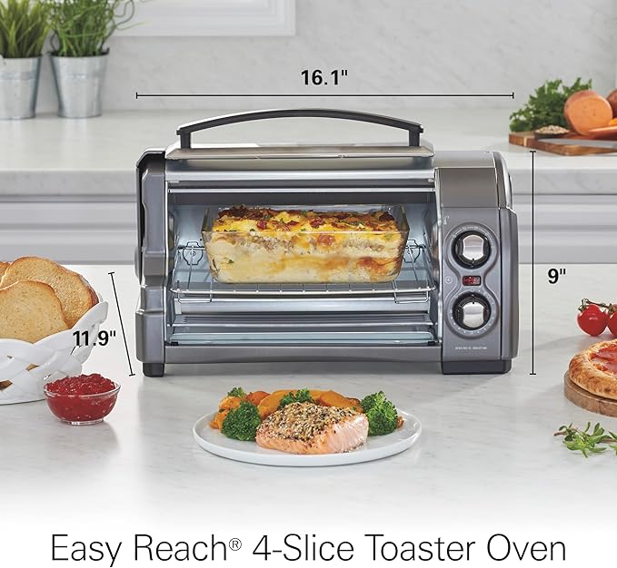 Hamilton Beach Easy Reach 4-Slice Countertop Toaster Oven With Roll-Top Door, 1200 Watts, Fits 9??Pizza, 3 Cooking Functions for Bake, Broil and Toast, Silver (31344DA)