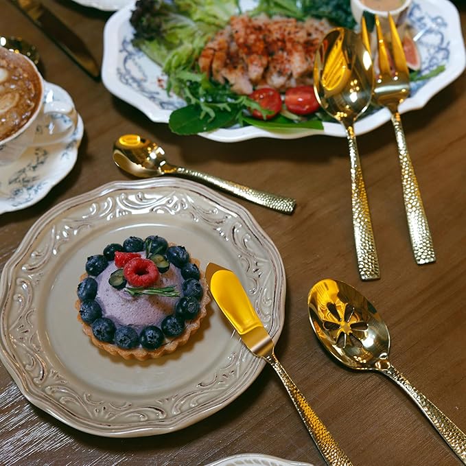 Flatware Set Gold Hammered 45 Pieces Stainless Steel Cutlery Set Silverware Serving Set Service for 8Home Event Use Wedding Housewarming Gift