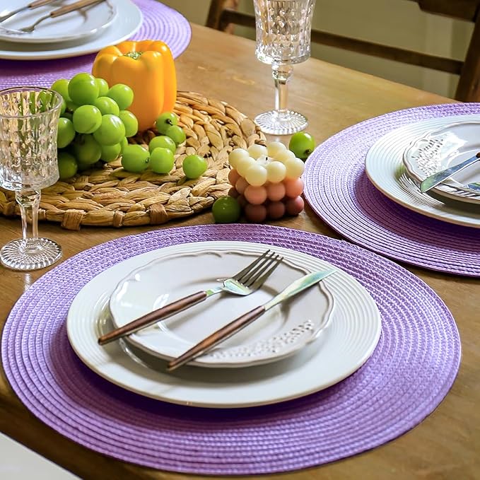 FunWheat Round Braided Placemats Set of 8 Table Mats for Dining Tables Woven Washable Non-Slip Place mats 15 inch(Lavender Purple,8pcs)