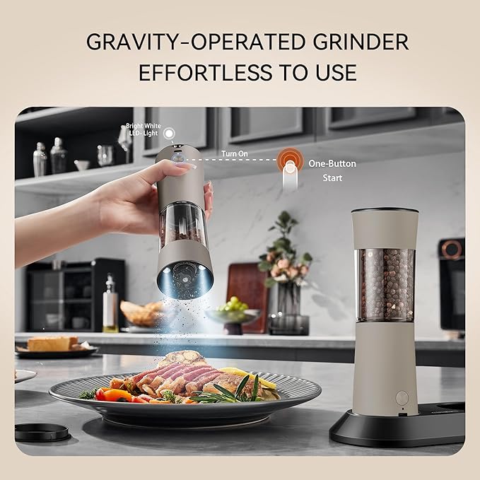 Electric Salt and Pepper Grinder Set with USB-C Charging Base,Rechargeable Automatic Stainless Steel Pepper Mill Grinder with LED Light, 2pack(Brown)
