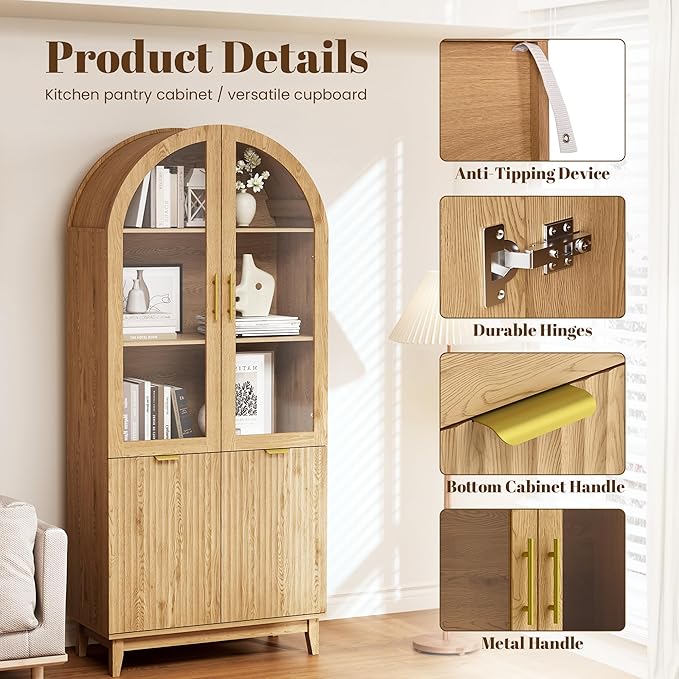 Pamapic 71" Tall Arched Cabinet, Fluted Kitchen Pantry with Glass Doors & Adjustable Shelves, Arch China Storage Cabinet, Wooden Pantry for Dining Room, Living Room (Natural)