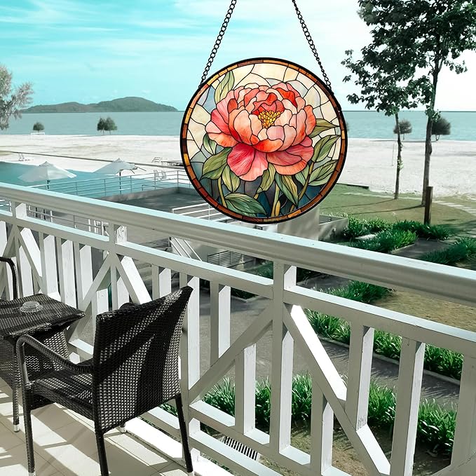 Stained Glass Window Hanging - Pink Peony Floral Suncatcher for Door Garden Yard Birth Flower Sun Catchers Decor Christmas Mother's Day Birthday Gifts for Women Mom Nana Wife Teacher 9.8 in