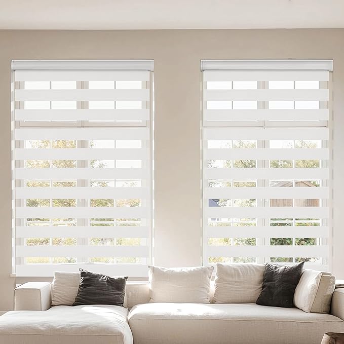 Zebra Blinds for Windows, 2 Pack Roller Window Shades, Blackout Blinds for Windows, Cordless Dual Layer Roll Up Blind Control for Day and Night, 20" W X 72" H, White