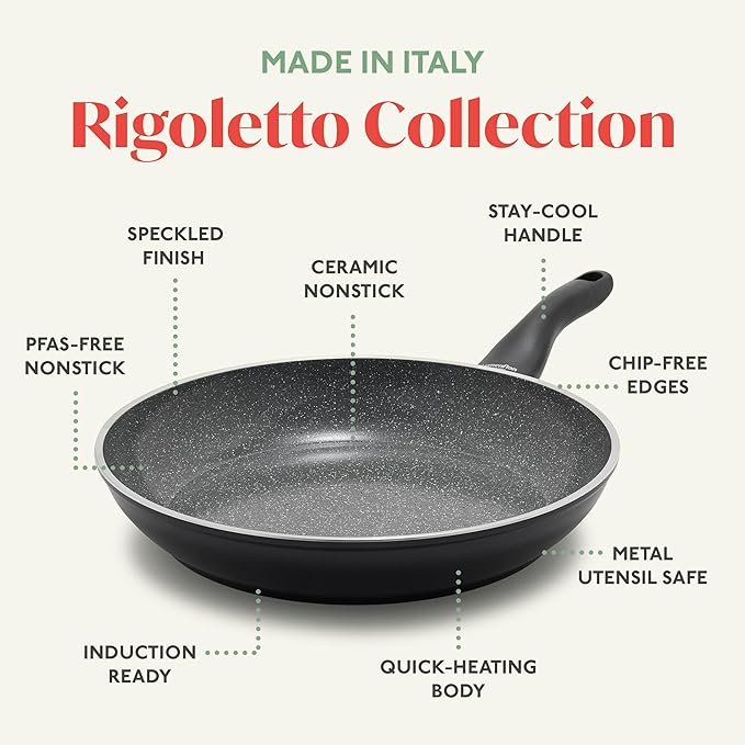 Rigoletto 11??Nonstick Frying Pan Skillet, Made in Italy, Layered Ceramic PFAS-Free Surface, Induction Ready, Dishwasher & Metal Utensil Safe, Granite Finish, Stay-Cool Handle, Black