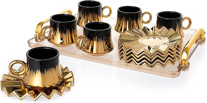 Turkish Coffee Cup Set of 6 with Saucers & Tray - Luxury Arabic Greek Japanese Marble Ceramic Tea Cups for Espresso Cappuccino Latte Mocha, Ideal Gift - 3.5oz, Black Gold