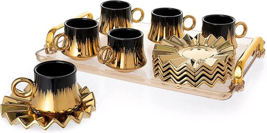 Turkish Coffee Cup Set of 6 with Saucers & Tray - Luxury Arabic Greek Japanese Marble Ceramic Tea Cups for Espresso Cappuccino Latte Mocha, Ideal Gift - 3.5oz, Black Gold