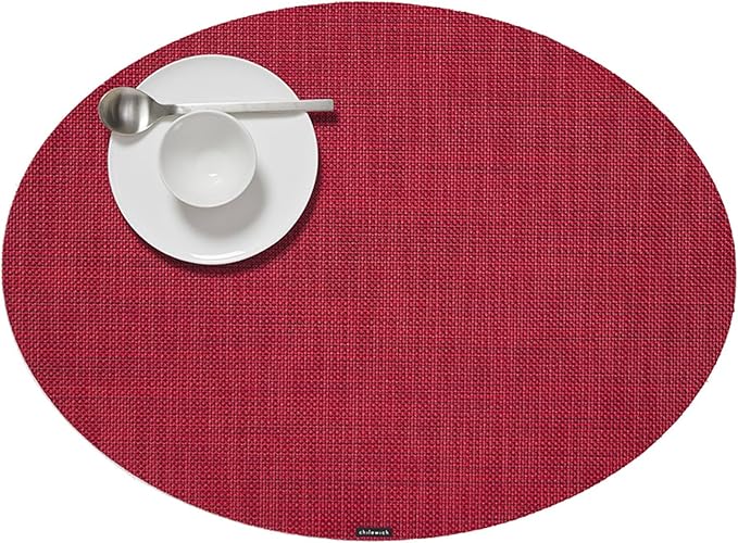 Chilewich Mini Basketweave Placemats in Scarlet - Set of 4 - Easy Care Woven Tabletop Textiles - Indoor/Outdoor - 19.25" x 14" Oval