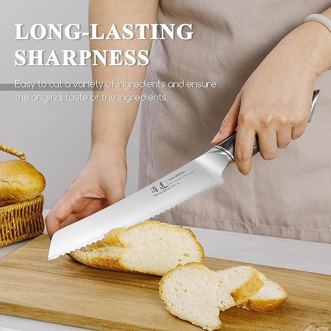SHANGDAO Serrated Bread Knife 8 Inch - 3 Layers VG10 Alloy Steel Blade for Effortless Slicing of Bread, Cakes & Pastries - Comfortable Grip Non-Stick Design with Pakkawood Handle