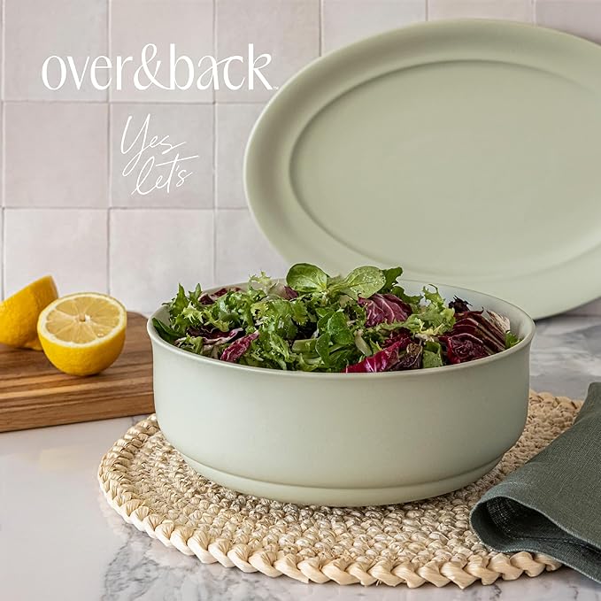 over&back Rim Serving Bowl - Stoneware Dishes - All-Occasion Place Settings - Perfect for Salads, Pastas, Snacks, and More - 10" x 10" x 3.7" - Semi-Matte Sage