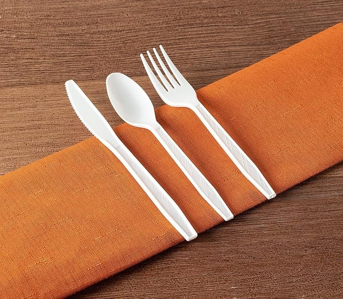 Party Bargains White Plastic Cutlery 720 pcs: 360 Forks, 240 Spoons, 120 Knives. Argyle Design, Heavy Duty & Solid Disposable Silverware Utensils Combo Pack Set for Weddings, Buffets, Luncheons