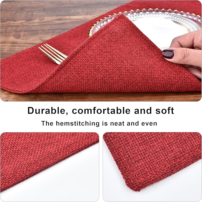 SLKQG Christmas Linen Fabric Placemats Set of 6 - Holiday Dining Table Mats for Festive Decor, Heat Resistant & Machine Washable, Place Mats for Dinner Parties, Xmas Gift for Home (6, Wine Red)