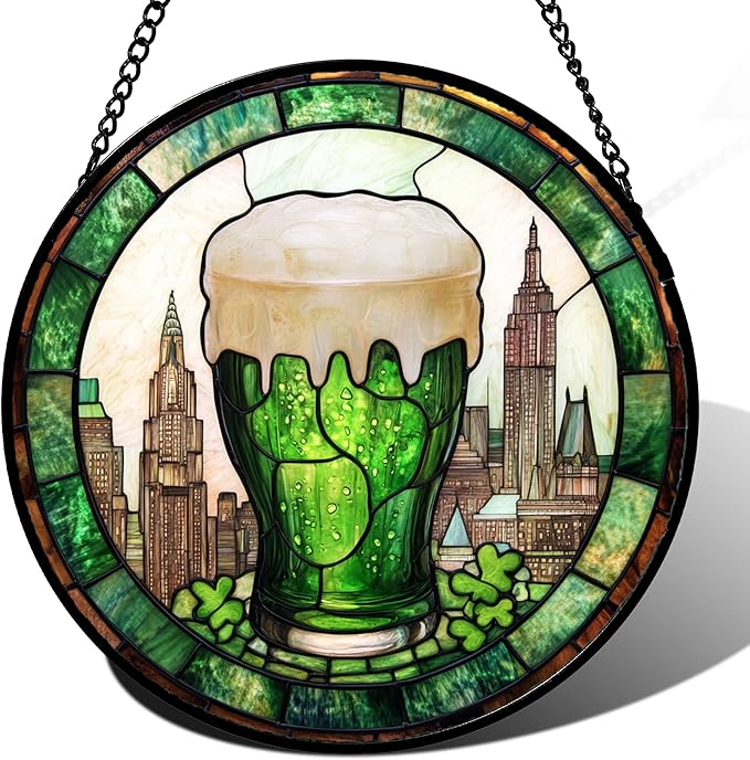 Stained Glass Window Hanging Green Clover City 7.8" - St. Patrick's Day Irish Decor Suncatcher Door Garden Sun Catcher Birthday Christmas for Woman Nana Friend Men