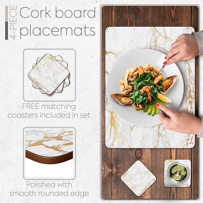Moderry Set of 4 Heat Resistant Cork Placemats for Dining Table with Free Set of 4 Matching Drink Coasters Marble Design 16 x 12 Inches Cork Backed Hard Placemats (Foiled Gold)
