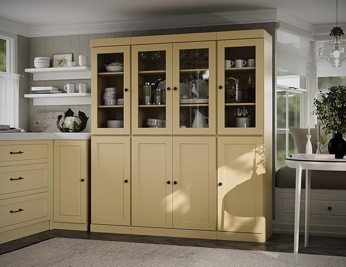Palace Imports 100% Solid Wood Kitchen China Pantry Cabinet, 65" W - 4 Clear Glass & 4 Shaker Doors, Renewable Eco-Friendly Wood, Made in Brazil (Yellow, 8 China/Shaker Doors | 2 Drawers)