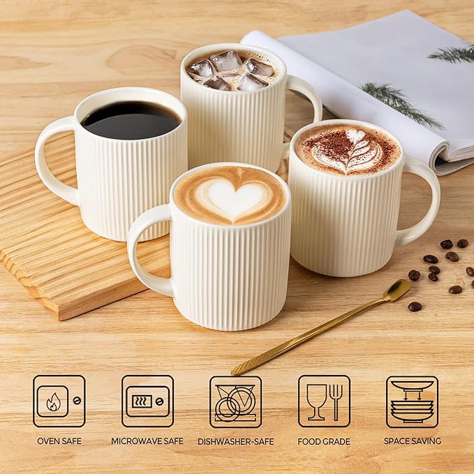 theterra Ceramic Coffee Mugs Set of 6, 14.2oz Handmade Coffee Cups with Handle for Latte, Tea, Milk, Beer, Hot Cocoa, Beige