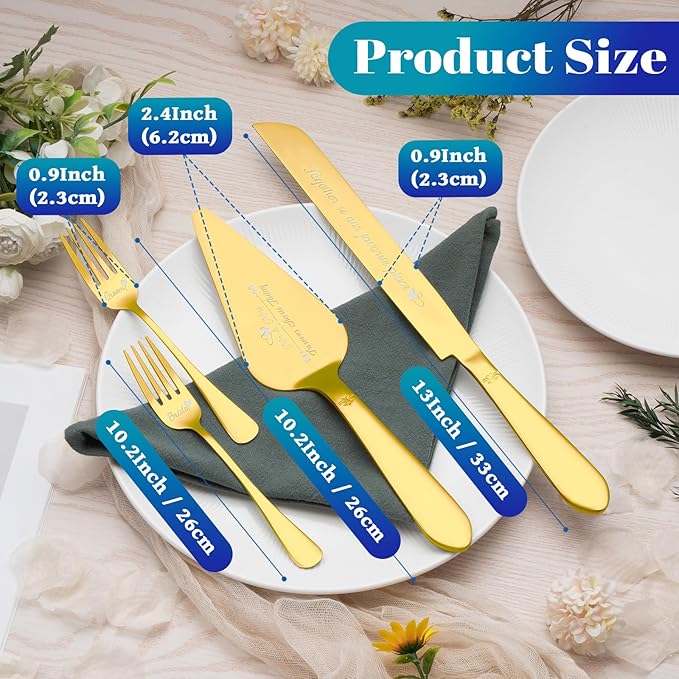 Cake Cutting Set for Wedding, Elegant Cake Knife and Server Set with Stainless Steel Forks, Cake Cutter and Pie Spatula for Couples Wedding Registry, Engagements, Anniversary, 4 Pcs, Gold