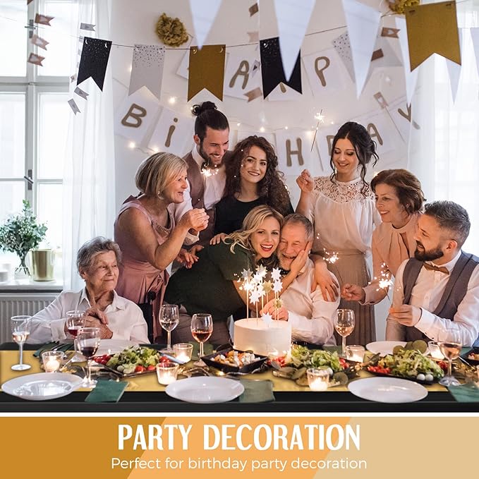Tudomro 16 Pieces New Year Black and Gold Disposable Plastic Tablecloths and Satin Table Runner Set 54x108 Inch Tablecloth 12x108 Inch Table Runners for Wedding Birthday Baby Shower Graduation
