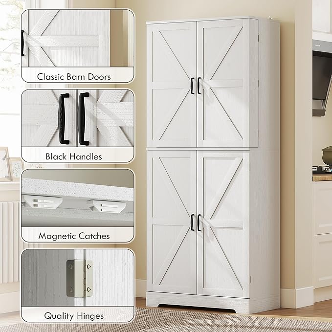 HOMCOM 72" Farmhouse Kitchen Pantry Cabinet, Freestanding Tall Storage Cabinet with 4 Barn Doors, 4 Adjustable Shelves and 8 Door Shelves, Embossed White Wood Grain