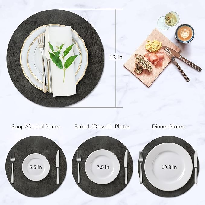 ADRIMER Placemats, Heat Resistant Round Placemats Set of 8 Washable, Waterproof Table Mats, Wipeable Faux Leather Place Mats for Kitchen, Dining Room, Dark Grey