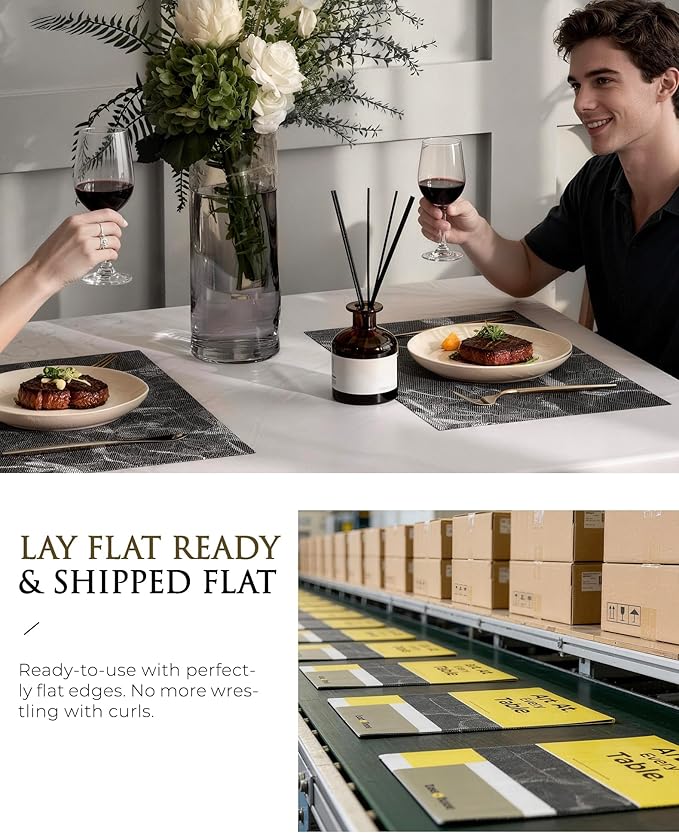 Leetaltree Reversible Marble Placemats Set of 6 - Ships Flat and Stays Flat, Durable Washable Vinyl PVC Placemats, Heat Resistant, Easy Wipe Clean (Black Marble Pattern)