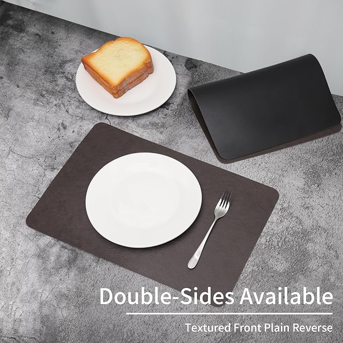 EDanle Cowhide Pattern Faux Leather Placemats Set of 6,Heat Resistant Non-Slip Waterproof Wipeable Washable Kitchen Dining PU Table Place Mats,Double-Sides Available,Black Brown