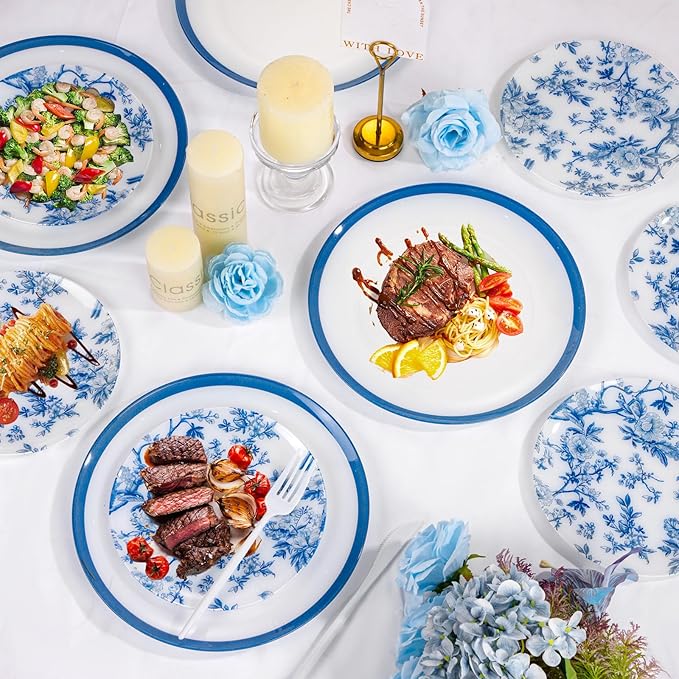 EI 60pcs Blue and White Floral Plastic Plates Fancy Blue Floral Disposable Heavy Duty,10.25inch Dinner Plate and 7.5inch Dessert Plate,Disposable Nice Plastic Plates for Party,Wedding(Value,Elegant )
